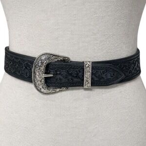 Black Tooled Faux Leather Western Belt Silver Buckle Mens Womens